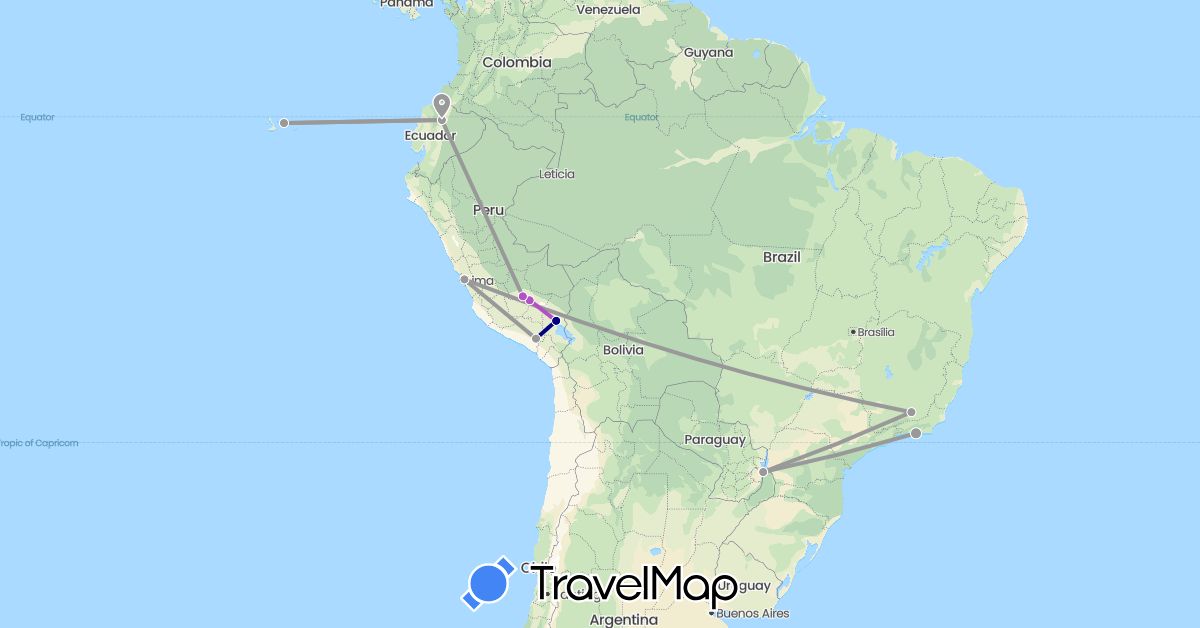 TravelMap itinerary: driving, plane, train in Brazil, Ecuador, Peru (South America)